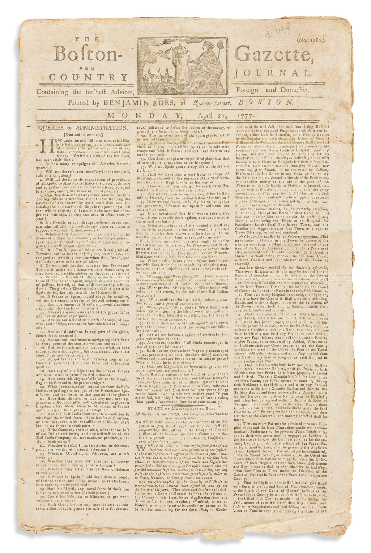 (AMERICAN REVOLUTION--1777.) Issue of the Boston-Gazette and Country Journal.